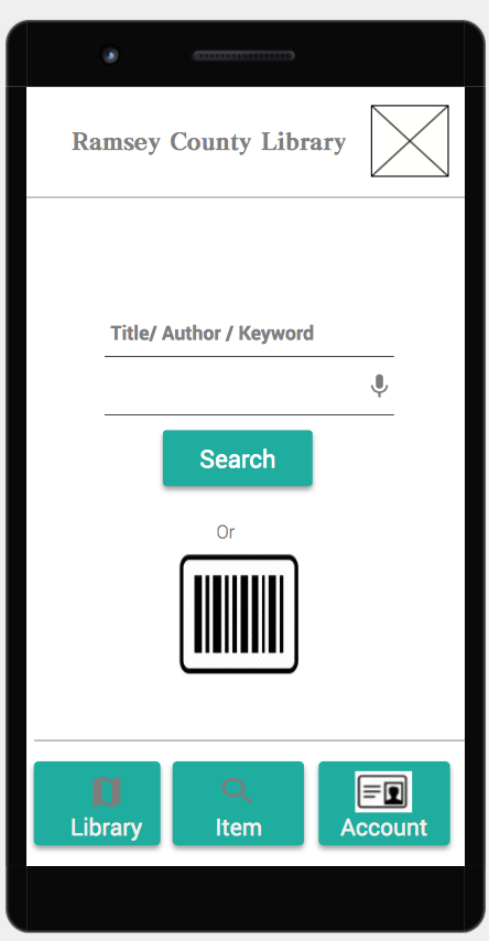 Mobile IU for library, with search, account and location functions